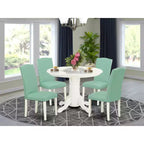 HomeStock Set da pranzo 5 pezzi: tavolo rotondo con piano in legno massello finitura lino bianco e 4 sedie Parson