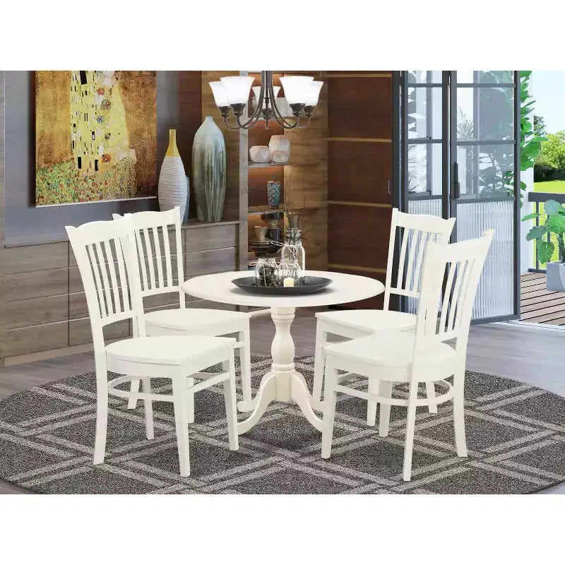 HomeStock Tavolo da pranzo in legno massello con piano bianco lino a 5 pezzi con 4 sedie con schienale a doghe a ribalta