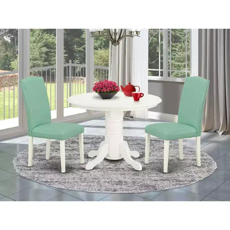 Set da pranzo 3 pz tavolo rotondo e 2 sedie Parsons - set tavolo da cucina 42 - gambe bianco lino, pelle sintetica Pond