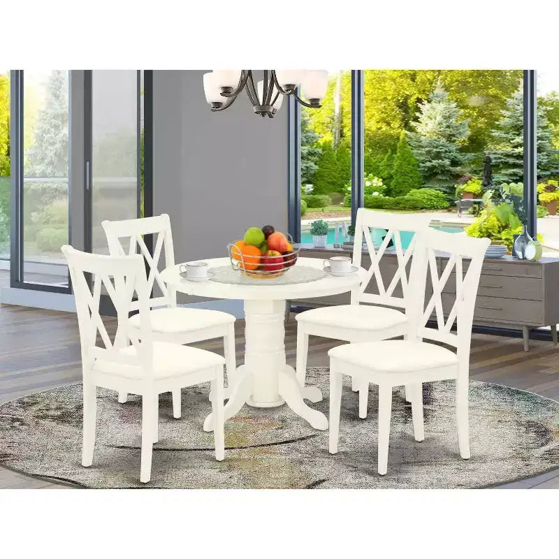 HomeStock Set Tavolo da Pranzo Rotondo 5 Pezzi, con Finitura Color Buttermilk e Ciliegio e Top in Legno Massello, con 4 Sedie con Schienale a Croce