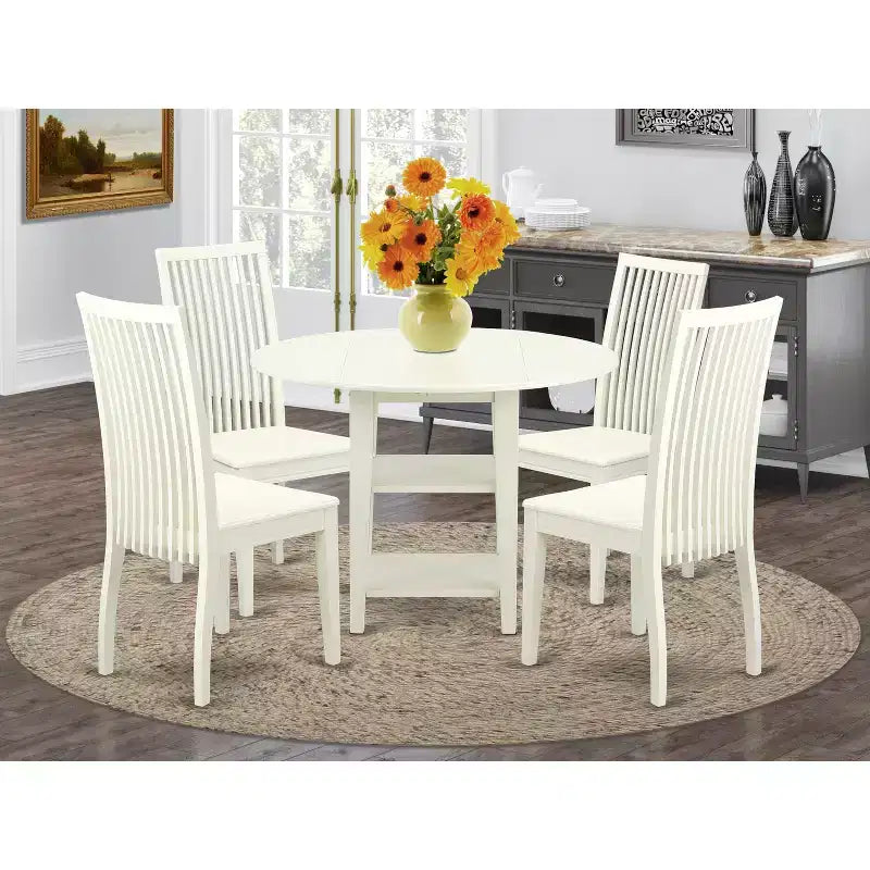 HomeStock Set da Pranzo Rotondo in Legno Massello Finitura Bianco Lino - 5 Pezzi - 4 Posti
