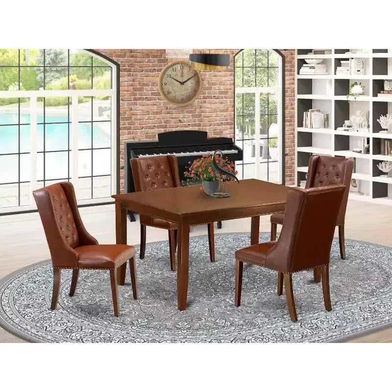 Set da pranzo 5 pezzi in legno massello finitura mogano - Top con bottoni trapuntati - 4 posti a sedere
