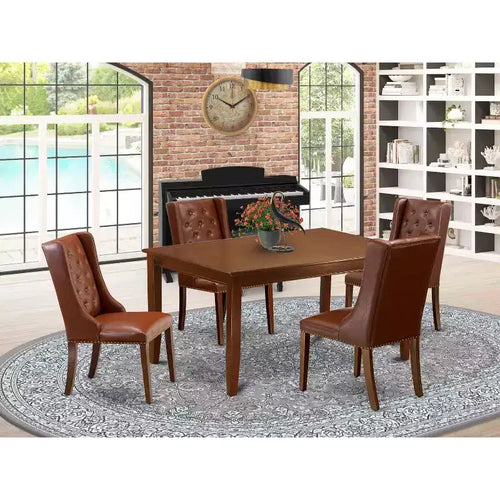Set da pranzo 5 pezzi in legno massello finitura mogano - Top con bottoni trapuntati - 4 posti a sedere