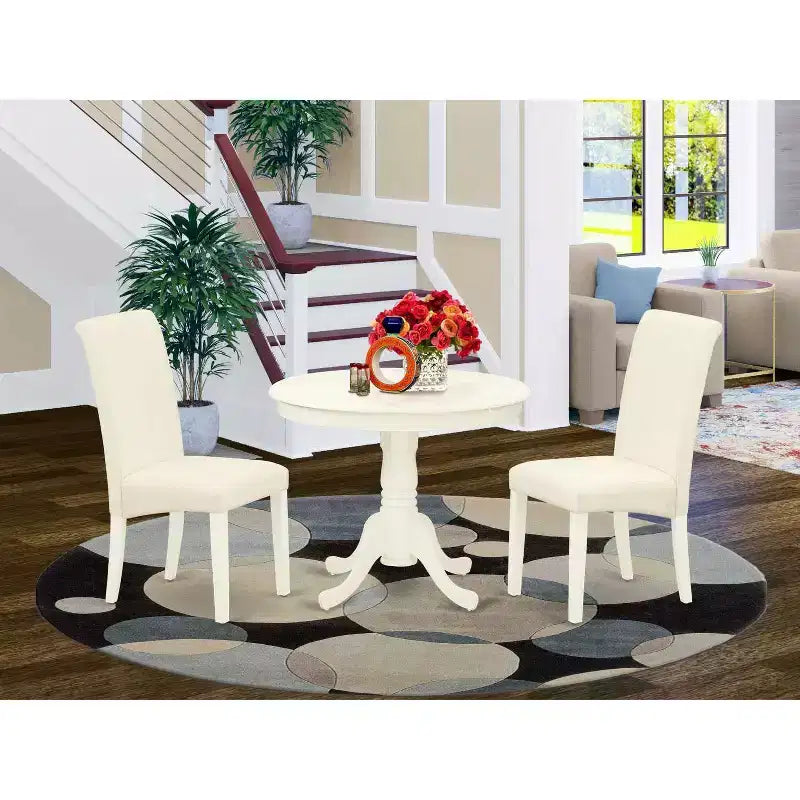 HomeStock Set da pranzo 3 pezzi rotondo, finitura lino bianco, piano in legno massello, 4 posti
