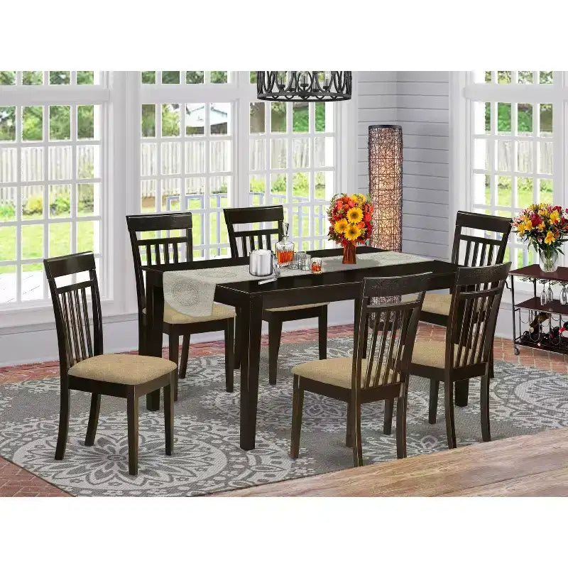 Tavolo da pranzo rettangolare HomeStock a 7 pezzi con piano in legno massello finitura cappuccino e 6 sedie