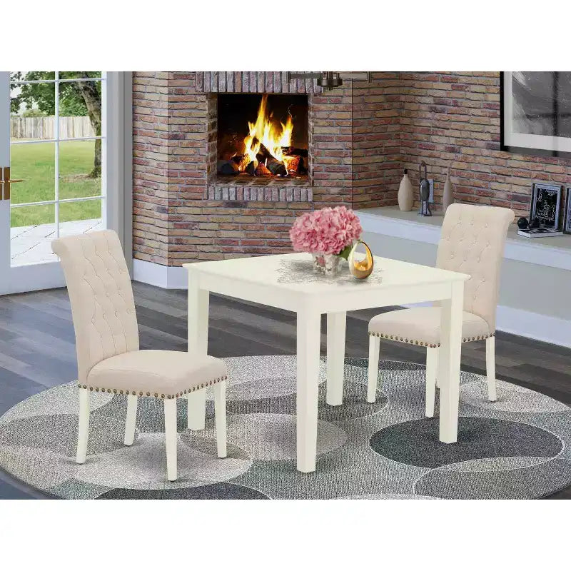 HomeStock Set Tavolo da Pranzo 3 Pezzi con Piano Quadrato in Legno Massello Finitura Bianco Lino