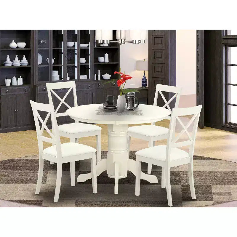 Tavolo da pranzo HomeStock a 5 pezzi con piano rotondo in legno massello finitura latticello e ciliegio con 4 sedie
