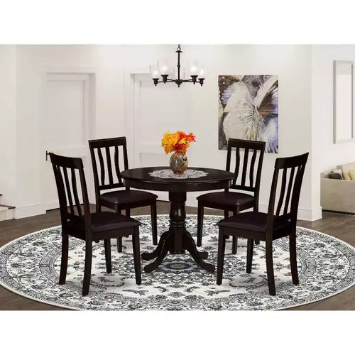 Tavolo da pranzo rotondo con top in legno massello finitura cappuccino e 4 sedie - 5 pezzi