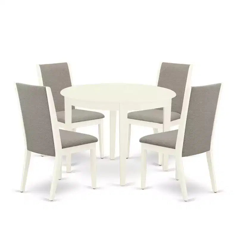 5-Piece Linen white Solid Wood Top - Round Dining Room Set - Seats 4