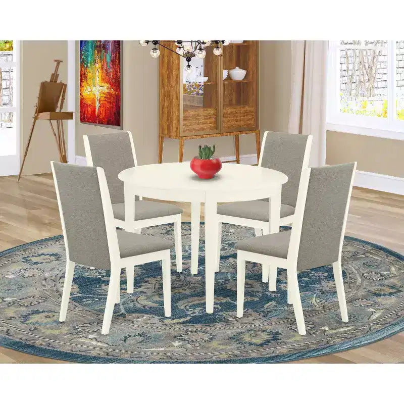 Set da pranzo rotondo a 5 pezzi in legno massello con piano bianco lino - 4 posti a sedere