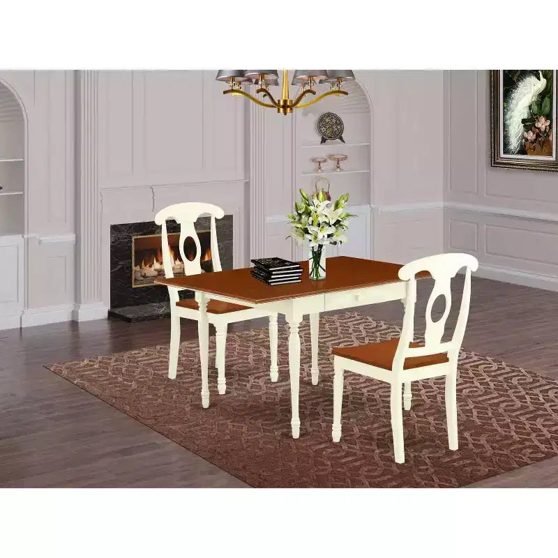 HomeStock Set da Pranzo 3 Pezzi con Tavolo Dropleaf Top in Legno Massello Finitura Buttermilk e Ciliegio