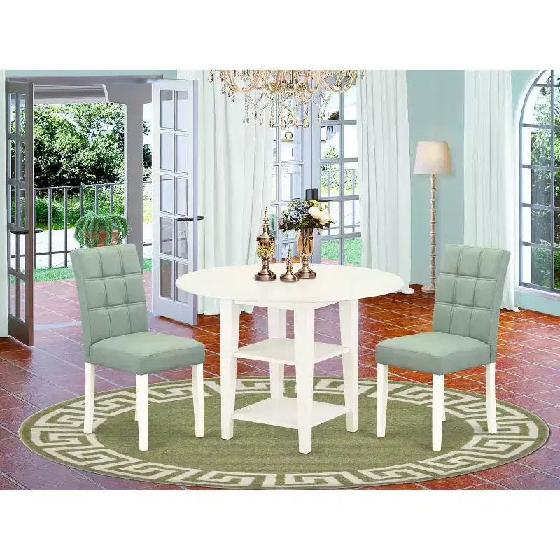Set da pranzo HomeStock 3 pezzi con tavolo rotondo e top in legno massello, finitura lino bianco