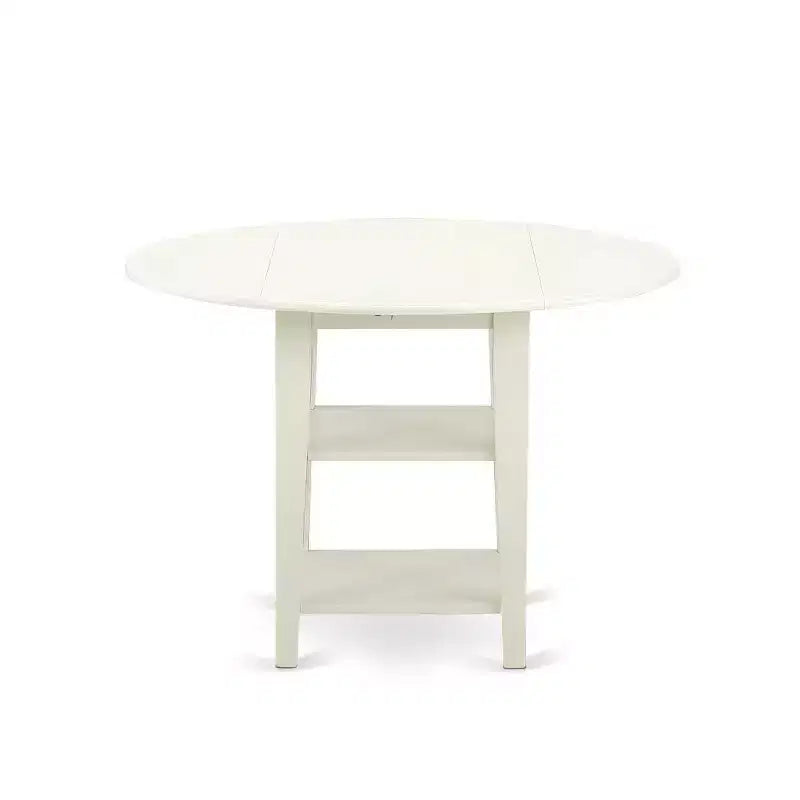 Set da pranzo HomeStock 3 pezzi con tavolo rotondo e top in legno massello, finitura lino bianco