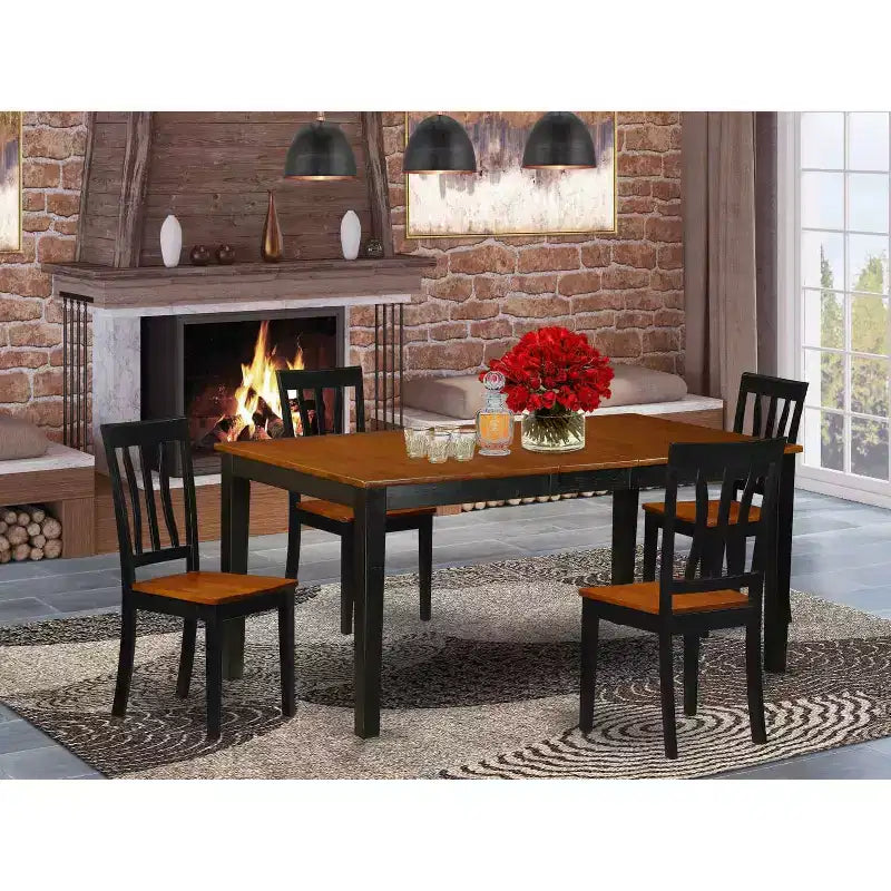 HomeStock Set da Pranzo 5 Pezzi con Piano in Legno Massello Nero e Ciliegio - Posti a Sedere per 4 Persone