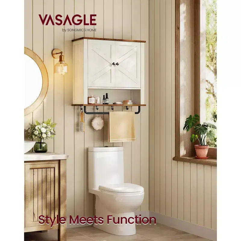 Armadietto pensile in stile rustico con 2 ante scorrevoli, ripiano regolabile, portasciugamani e ganci, 7,9 x 23,6 x 28,7, Bianco rustico