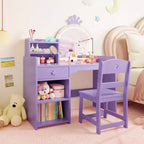 Kids Vanity Table with Lights, 2-in-1 Princess Makeup Desk and Chair Set with Bookshelf