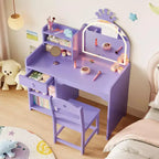 Toeletta per bambini con luci, set scrivania e sedia da trucco 2-in-1 per principesse con libreria