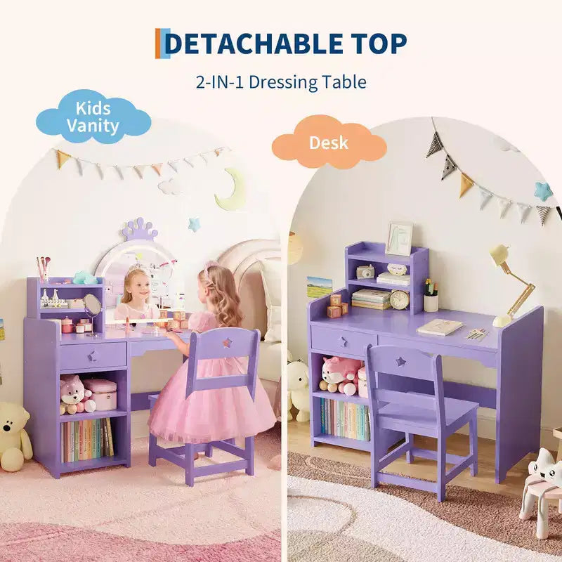 Toeletta per bambini con luci, set scrivania e sedia da trucco 2-in-1 per principesse con libreria