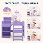Toeletta per bambini con luci, set scrivania e sedia da trucco 2-in-1 per principesse con libreria
