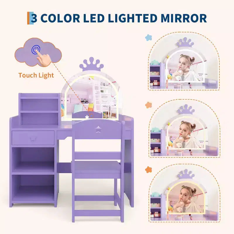 Toeletta per bambini con luci, set scrivania e sedia da trucco 2-in-1 per principesse con libreria