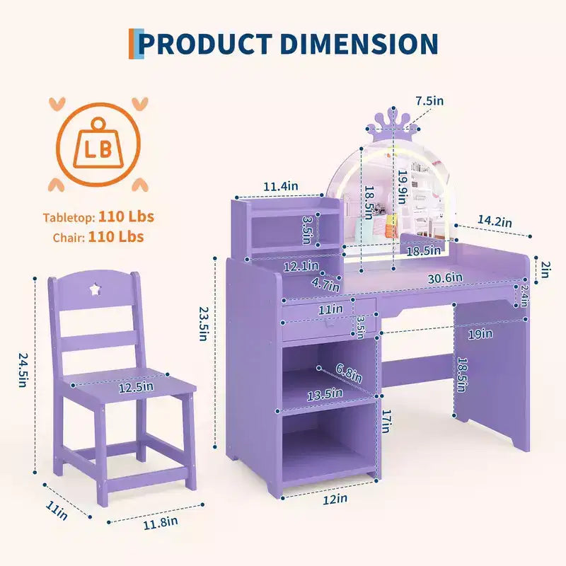 Toeletta per bambini con luci, set scrivania e sedia da trucco 2-in-1 per principesse con libreria