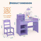 Toeletta per bambini con luci, set scrivania e sedia da trucco 2-in-1 per principesse con libreria
