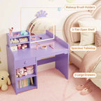 Toeletta per bambini con luci, set scrivania e sedia da trucco 2-in-1 per principesse con libreria