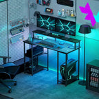 Scrivania per Computer con Contenitori, Tavolo da Computer Reversibile con Prese di Corrente e Luci LED