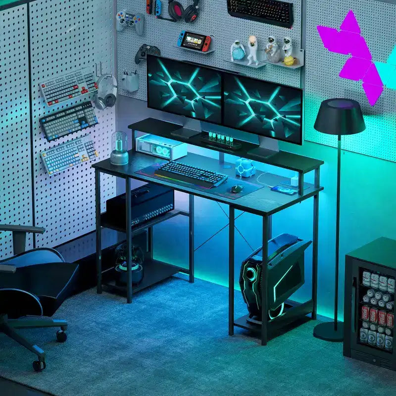 Scrivania per Computer con Contenitori, Tavolo da Computer Reversibile con Prese di Corrente e Luci LED