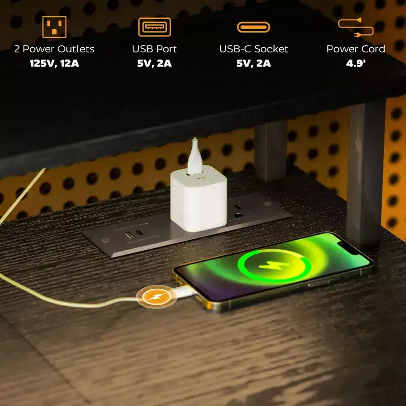 Scrivania per Computer con Contenitori, Tavolo da Computer Reversibile con Prese di Corrente e Luci LED