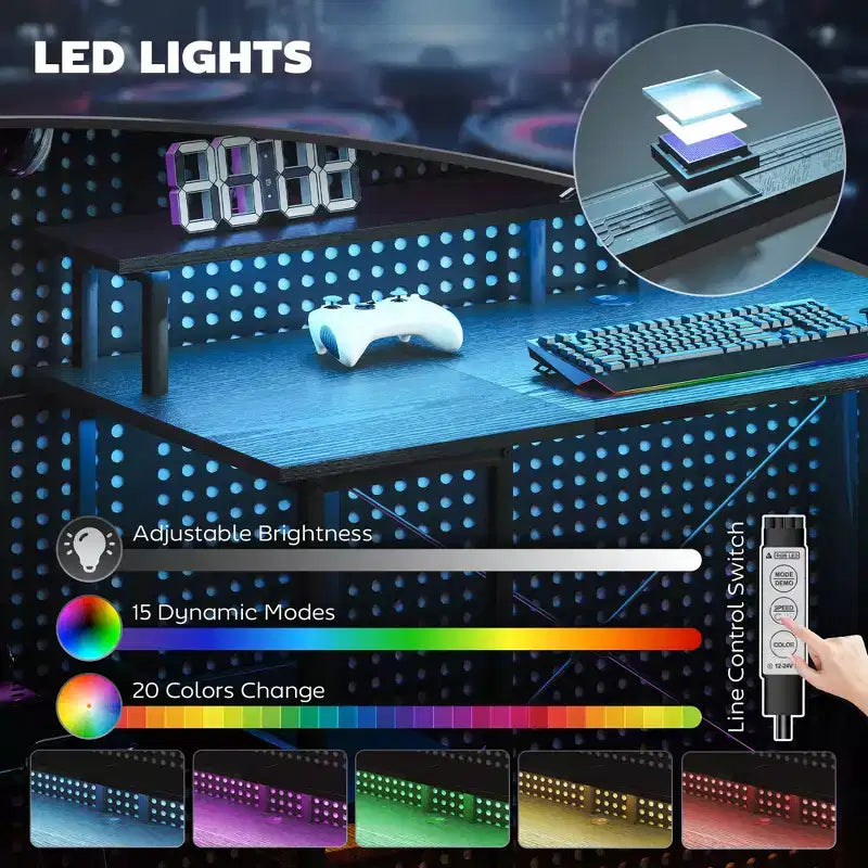 Scrivania per Computer con Contenitori, Tavolo da Computer Reversibile con Prese di Corrente e Luci LED