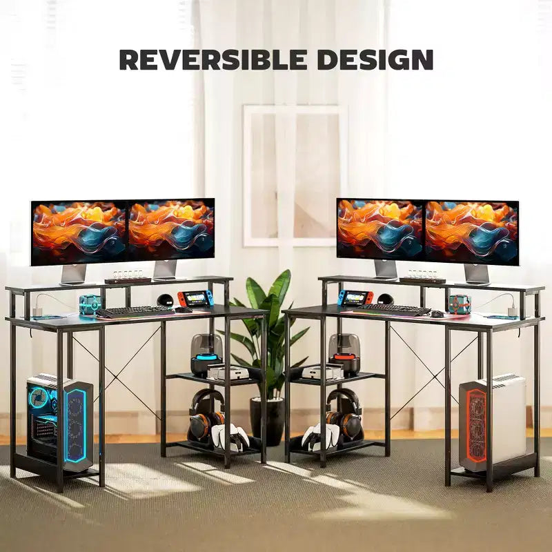 Scrivania per Computer con Contenitori, Tavolo da Computer Reversibile con Prese di Corrente e Luci LED