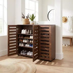 Homy Casa 5-Tier Shoe Storage Cabinet with Adjustable Shelves and Slatted Doors for Entryway, Walnut