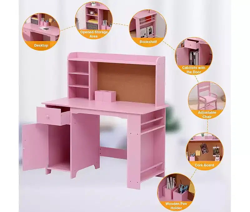 Set di scrivania e sedia per bambini, tavolino da studio per bambini con ripiani portaoggetti per ragazzi e ragazze, set di scrivania per la scuola in legno, tavolo da scrittura