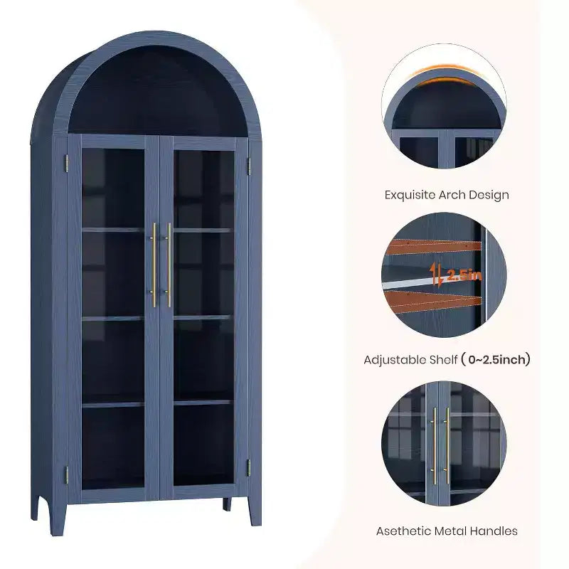 Dispensa a 5 ripiani ad arco, mobiletto rustico con ripiani regolabili e 2 ante in vetro, credenza per cucina, sala da pranzo, soggiorno