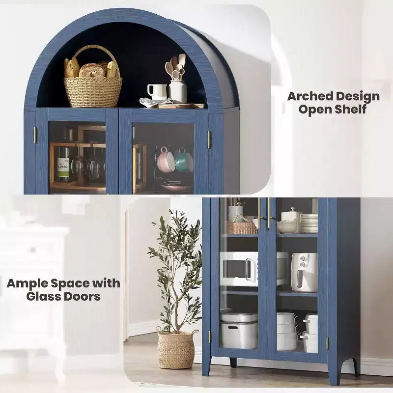 Dispensa a 5 ripiani ad arco, mobiletto rustico con ripiani regolabili e 2 ante in vetro, credenza per cucina, sala da pranzo, soggiorno
