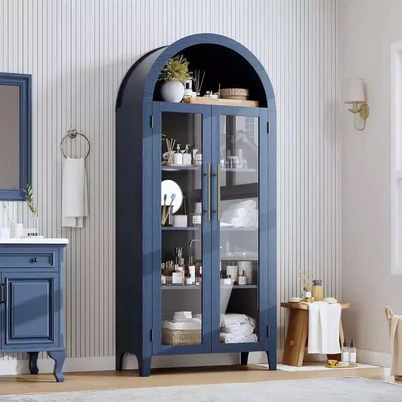 Dispensa a 5 ripiani ad arco, mobiletto rustico con ripiani regolabili e 2 ante in vetro, credenza per cucina, sala da pranzo, soggiorno