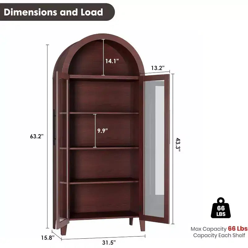Dispensa a 5 ripiani ad arco, mobiletto rustico con ripiani regolabili e 2 ante in vetro, credenza per cucina, sala da pranzo, soggiorno