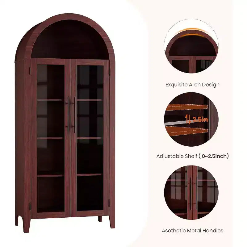 Dispensa a 5 ripiani ad arco, mobiletto rustico con ripiani regolabili e 2 ante in vetro, credenza per cucina, sala da pranzo, soggiorno