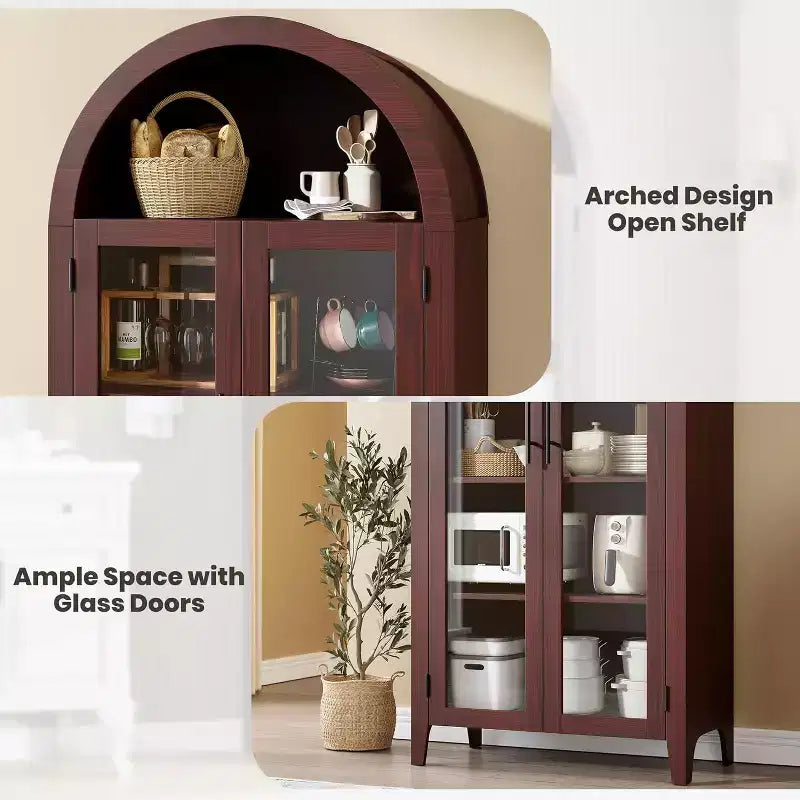 Dispensa a 5 ripiani ad arco, mobiletto rustico con ripiani regolabili e 2 ante in vetro, credenza per cucina, sala da pranzo, soggiorno
