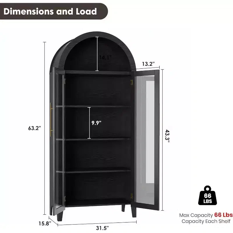 Dispensa a 5 ripiani ad arco, mobiletto rustico con ripiani regolabili e 2 ante in vetro, credenza per cucina, sala da pranzo, soggiorno