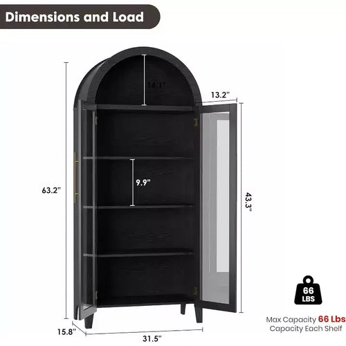 Dispensa a 5 ripiani ad arco, mobiletto rustico con ripiani regolabili e 2 ante in vetro, credenza per cucina, sala da pranzo, soggiorno