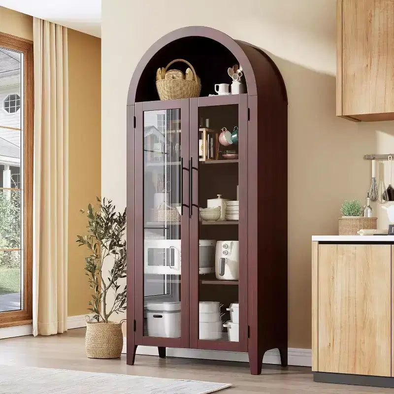 Dispensa a 5 ripiani ad arco, mobiletto rustico con ripiani regolabili e 2 ante in vetro, credenza per cucina, sala da pranzo, soggiorno