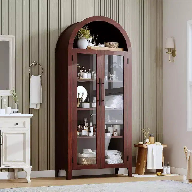 Dispensa a 5 ripiani ad arco, mobiletto rustico con ripiani regolabili e 2 ante in vetro, credenza per cucina, sala da pranzo, soggiorno