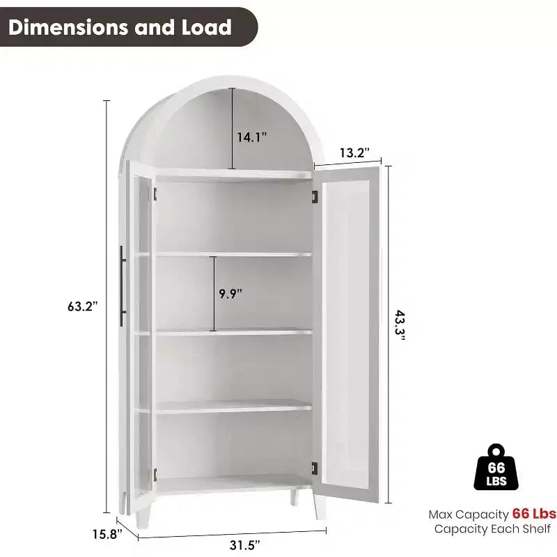 Dispensa a 5 ripiani ad arco, mobiletto rustico con ripiani regolabili e 2 ante in vetro, credenza per cucina, sala da pranzo, soggiorno