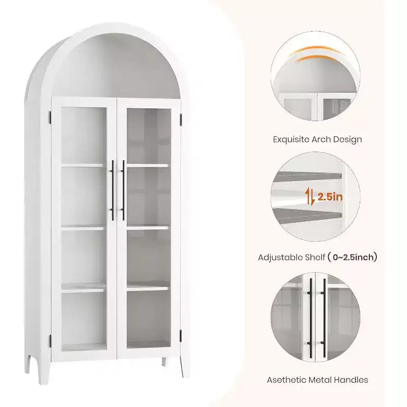 Dispensa a 5 ripiani ad arco, mobiletto rustico con ripiani regolabili e 2 ante in vetro, credenza per cucina, sala da pranzo, soggiorno