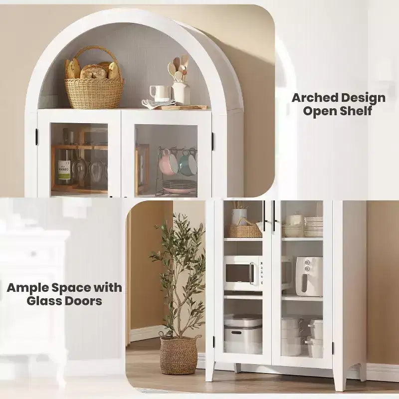 Dispensa a 5 ripiani ad arco, mobiletto rustico con ripiani regolabili e 2 ante in vetro, credenza per cucina, sala da pranzo, soggiorno