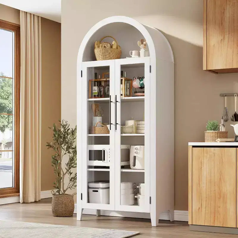 Dispensa a 5 ripiani ad arco, mobiletto rustico con ripiani regolabili e 2 ante in vetro, credenza per cucina, sala da pranzo, soggiorno