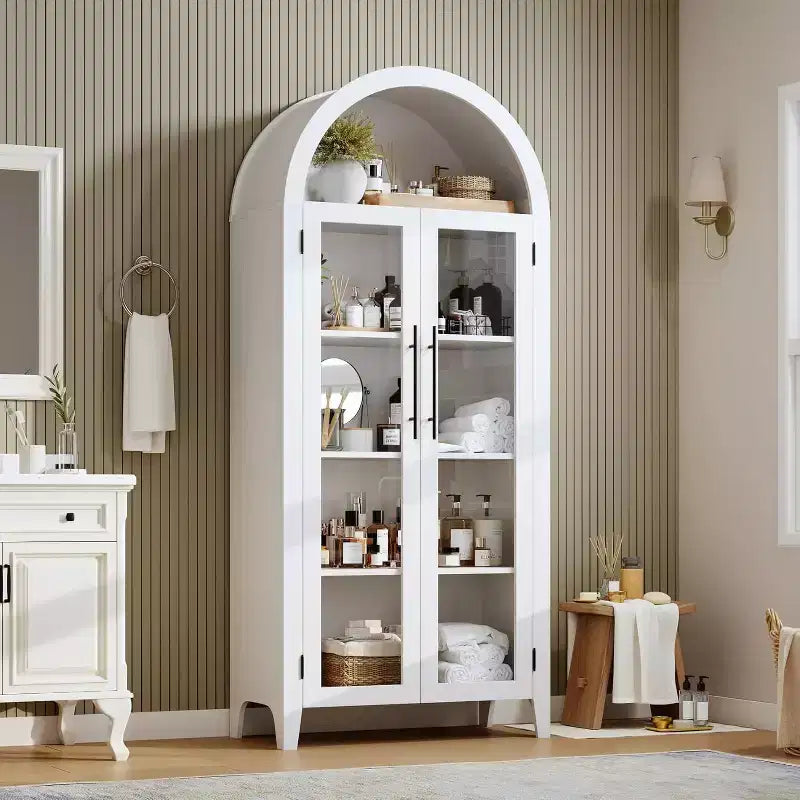 Dispensa a 5 ripiani ad arco, mobiletto rustico con ripiani regolabili e 2 ante in vetro, credenza per cucina, sala da pranzo, soggiorno