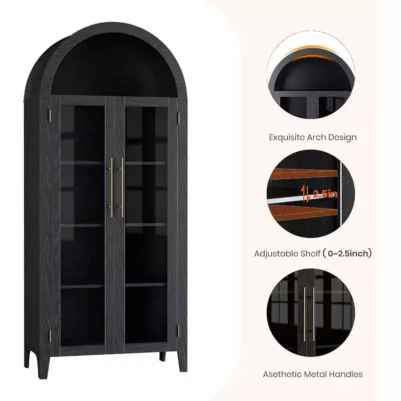 Dispensa a 5 ripiani ad arco, mobiletto rustico con ripiani regolabili e 2 ante in vetro, credenza per cucina, sala da pranzo, soggiorno
